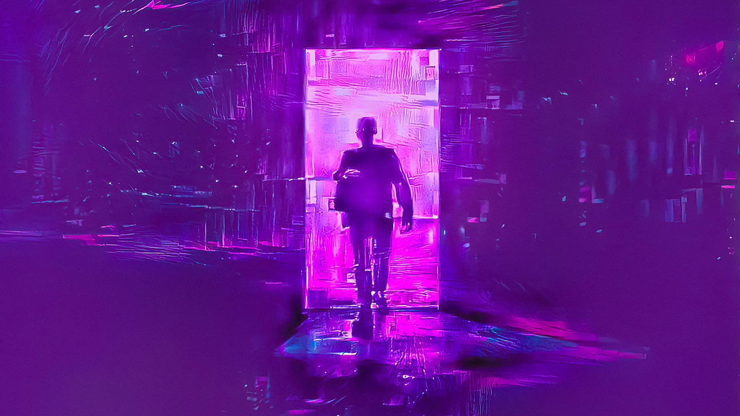 Entrance to metaverse virtual world with cyberpunk neon lighting color scheme